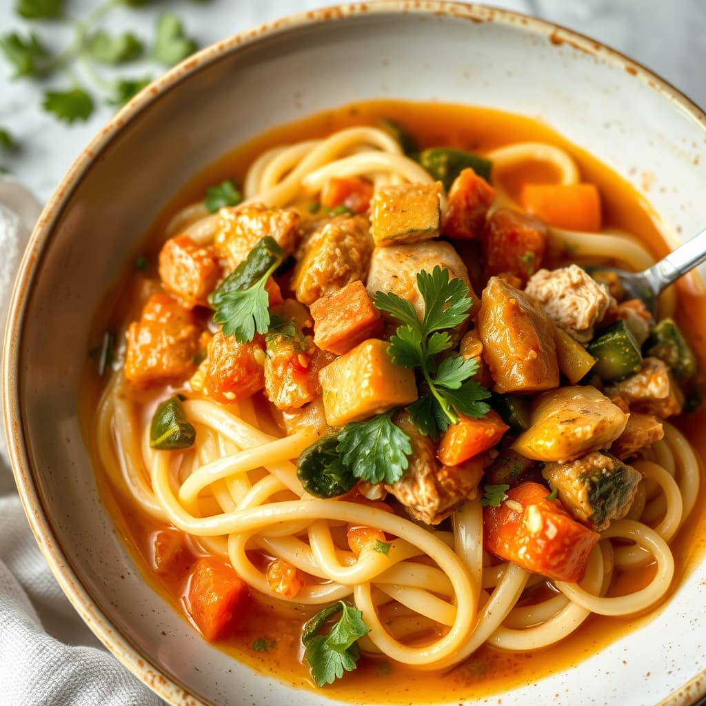 Kalkun- og grønnsaksgryte med eggnudler