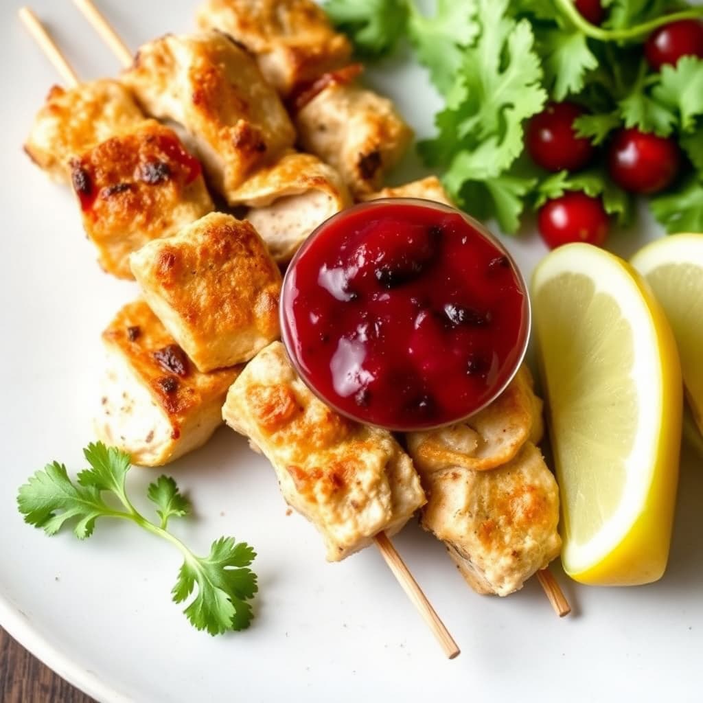 Kalkun satay med tranebærsaus til dipping