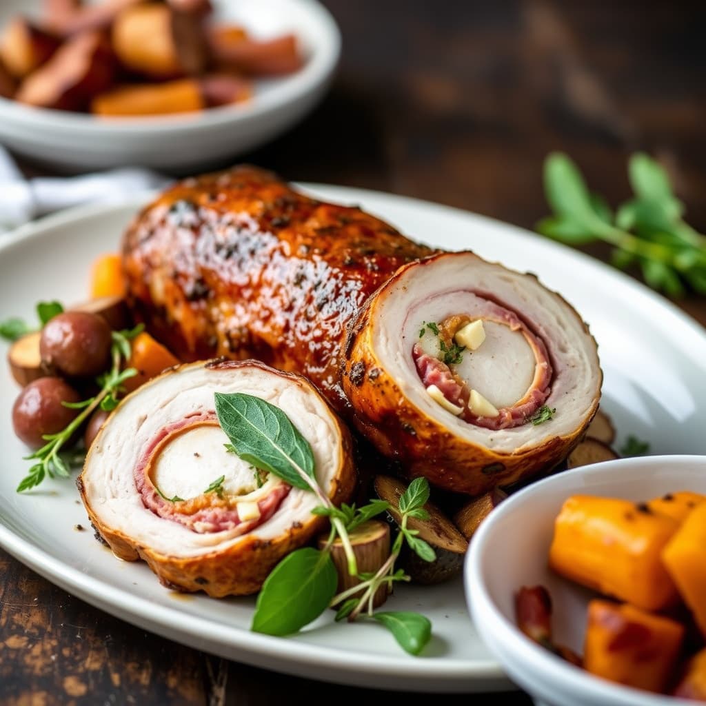 Kalkunballotine med prosciutto, salvie og ovnsbakte rotgrønnsaker