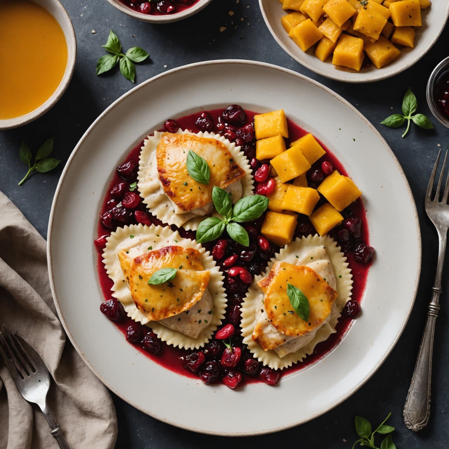 Kalkunscalopp og squash-ravioli med tranebærbrun smør