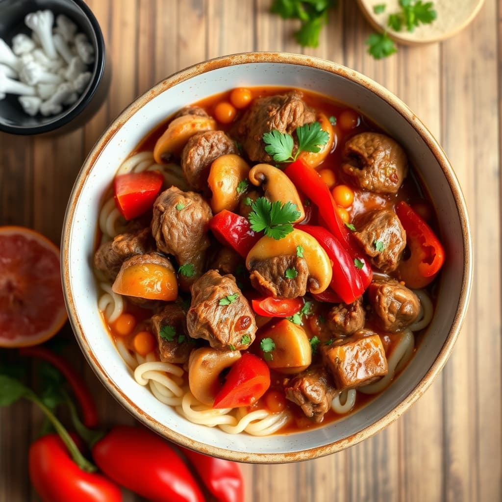 Kalv, sopp og rød paprika-gulasj