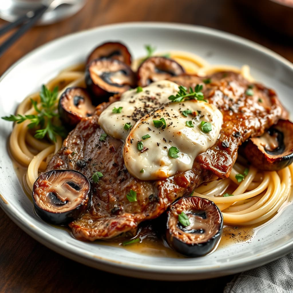 Kalveskiver med aubergine og sopp