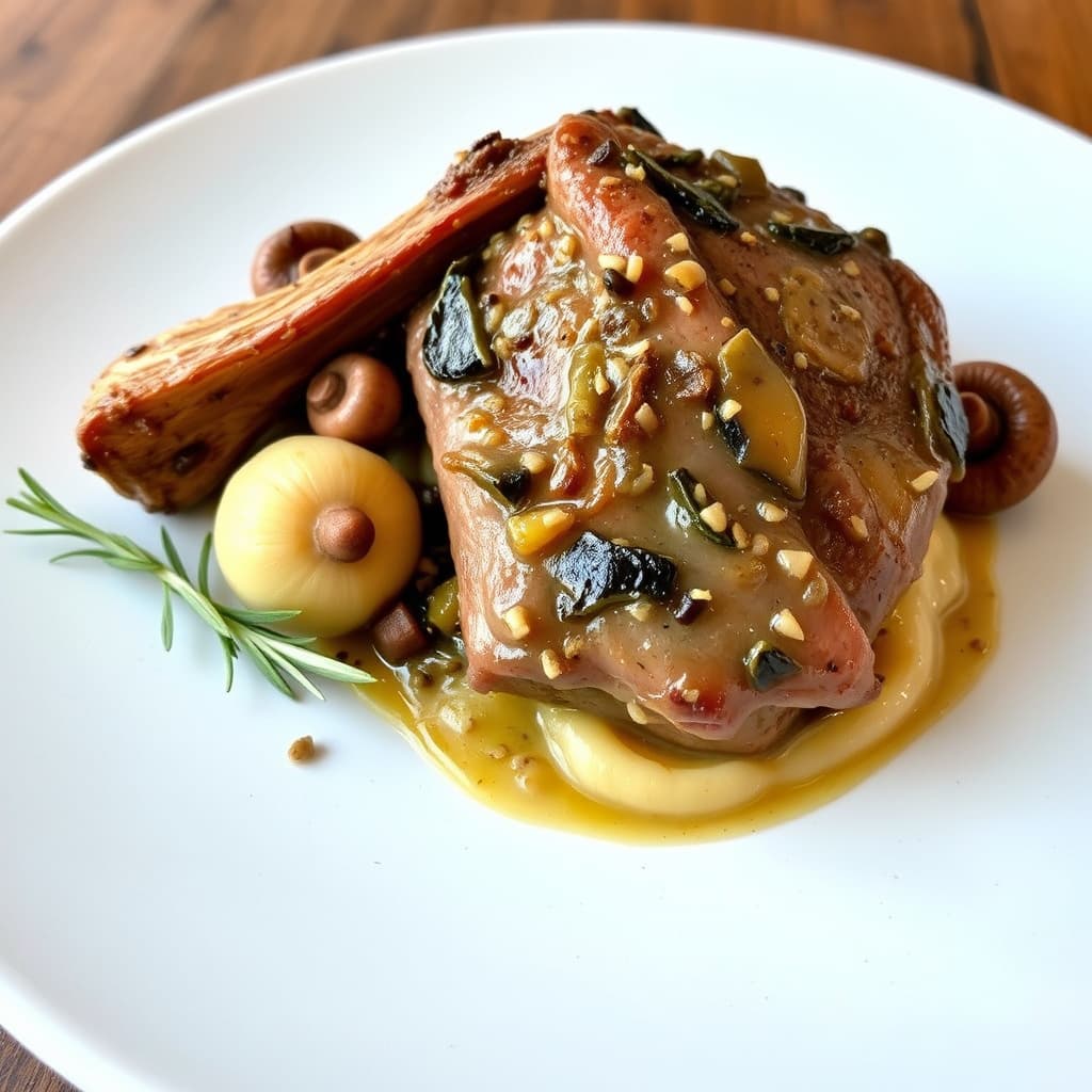 Kalveskulder med porcini-sopp, hvitløk og rosmarin