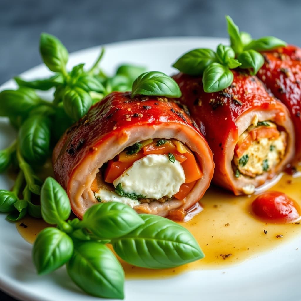 Kalvesteik fylt med paprika, geitost og basilikum