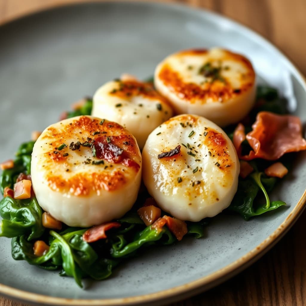 Kamskjell Bonne Femme og spinat med sprø prosciutto