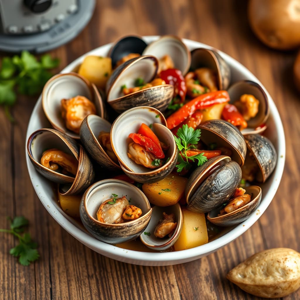 Kamskjell med chorizo, paprika og poteter