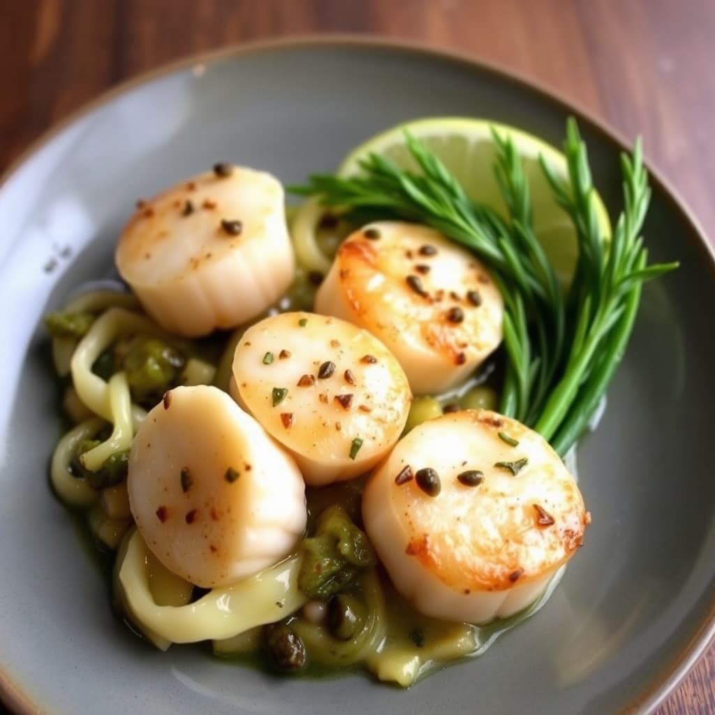 Kamskjell med "smeltede" purre og estragon-kapersmør