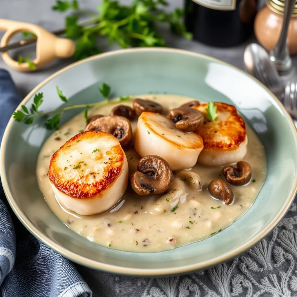 Kamskjell med sopp i hvitvinsaus