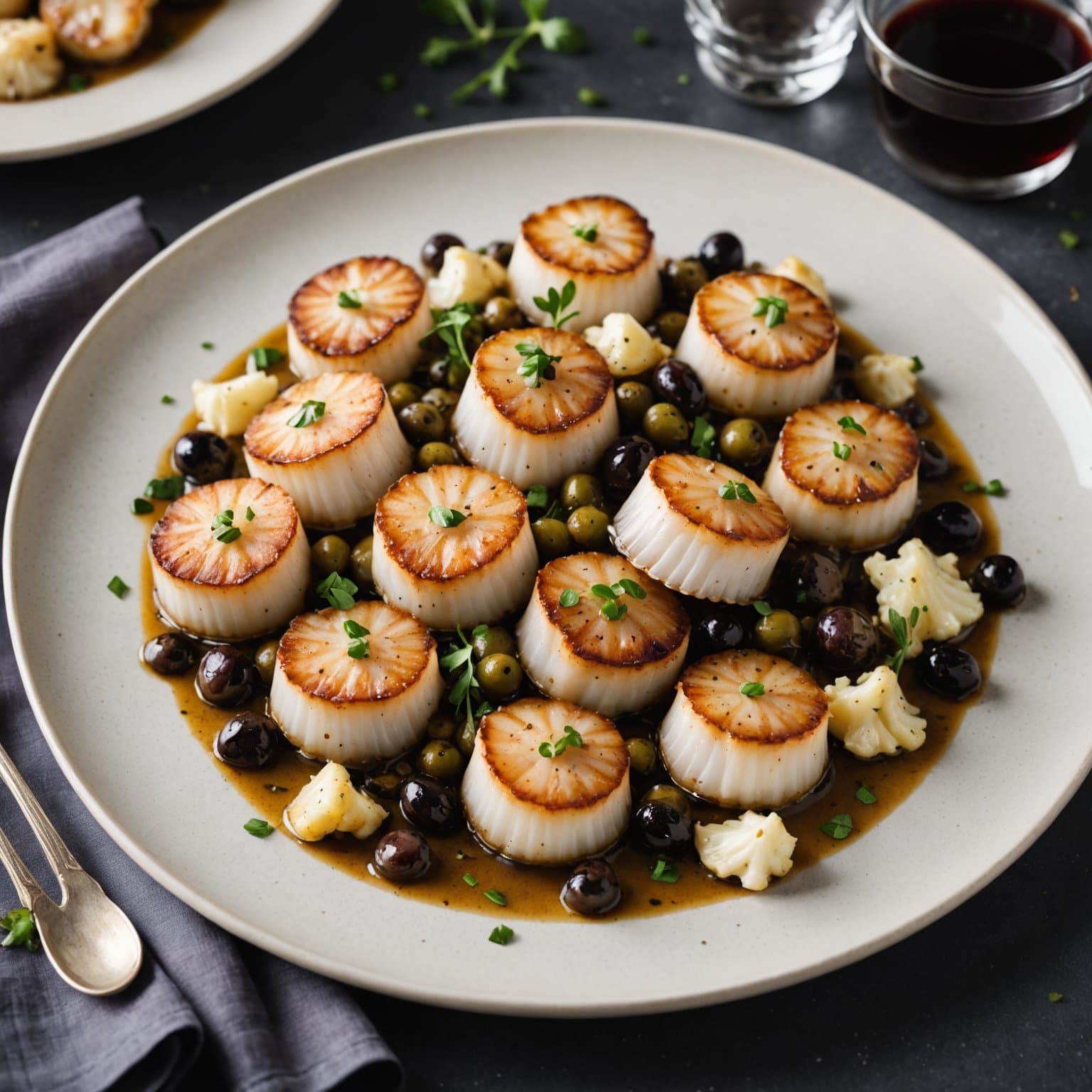 Kamskjell og blomkål med kapers- og rosinsaus