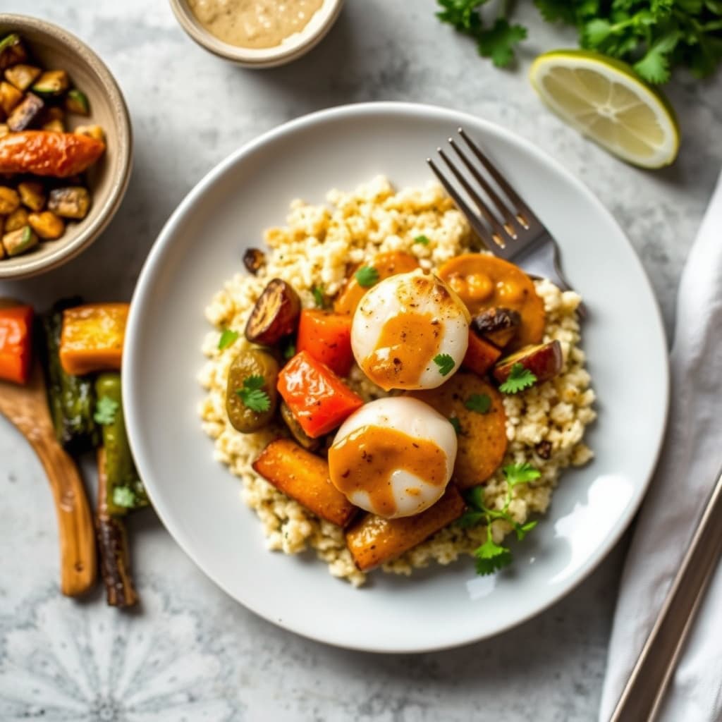 Kamskjell og couscous med ovnsbakte grønnsaker og currysaus