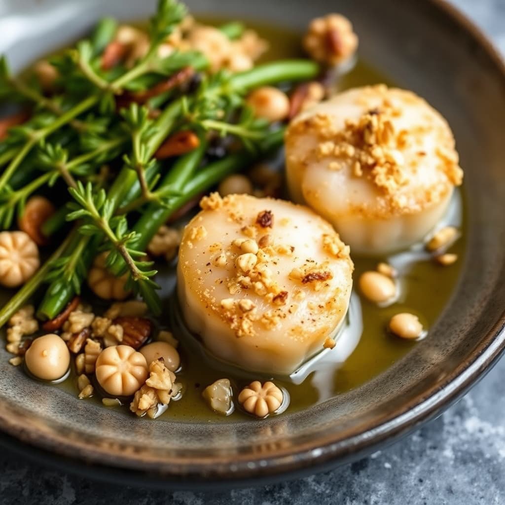 Kamskjell sautert i makadamianøttolje med en makadamianøttkrust