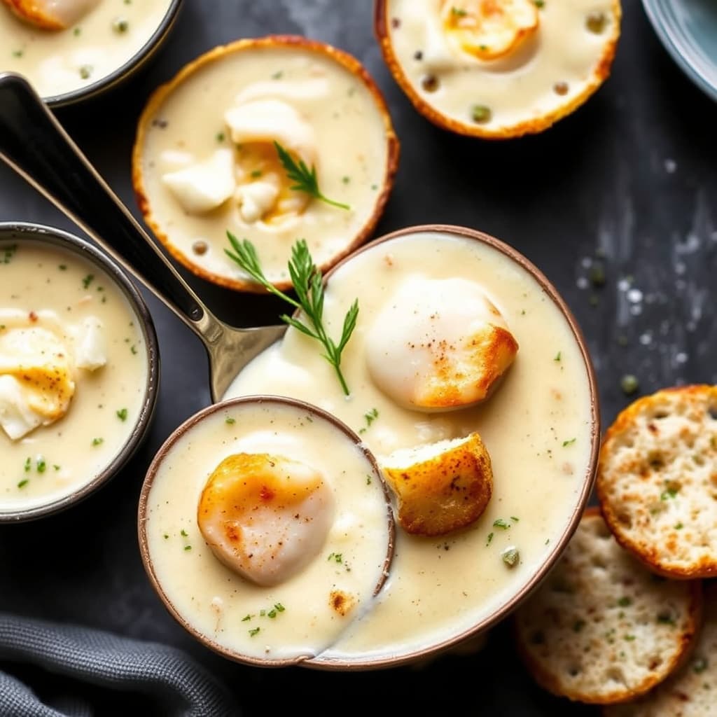 Kamskjell-suppe med paprika-croutoner