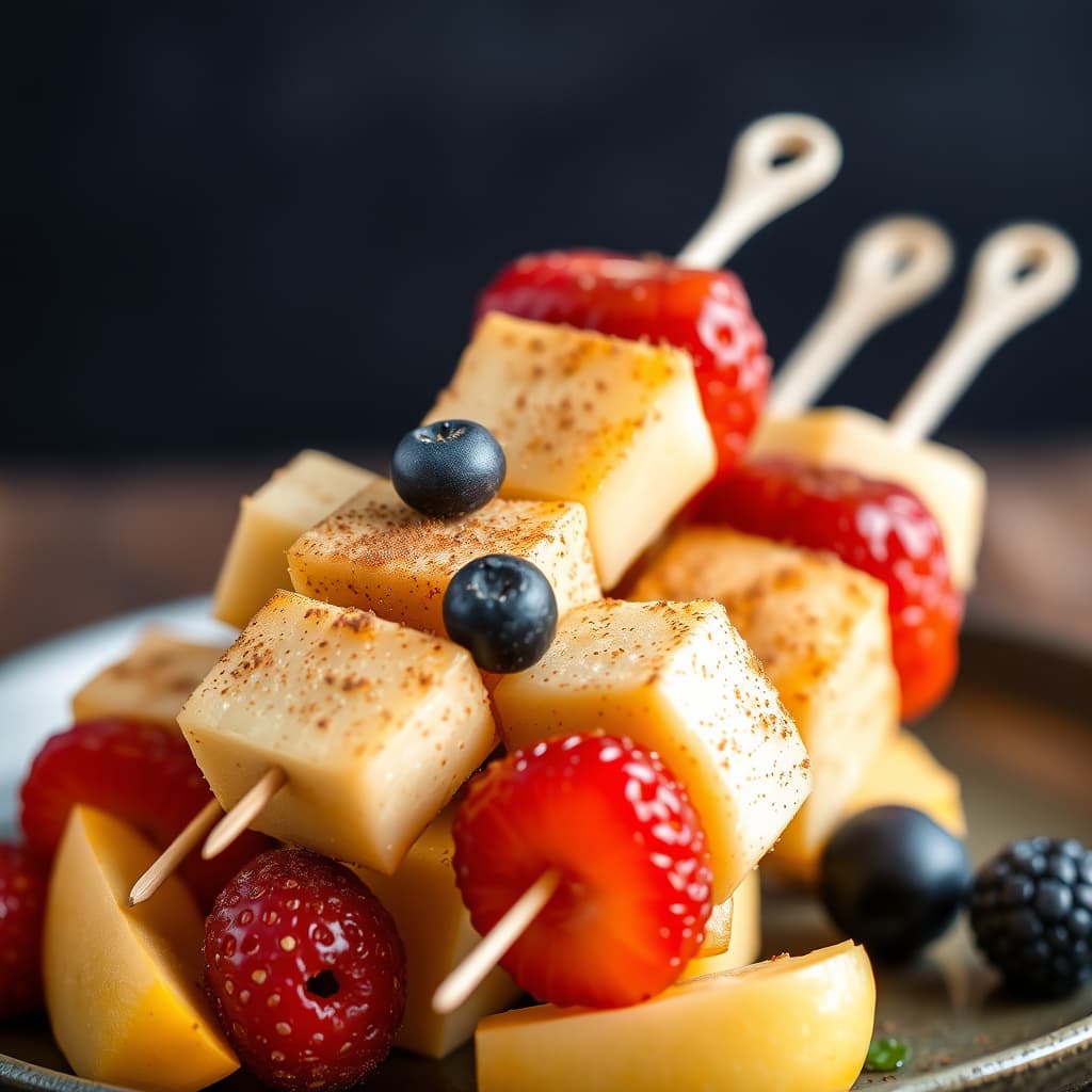 Kanelmarinerte spyd med fersk frukt