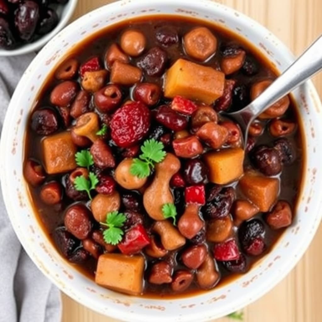 Kantarell- og shiitakebønnegryte med surkirsebær