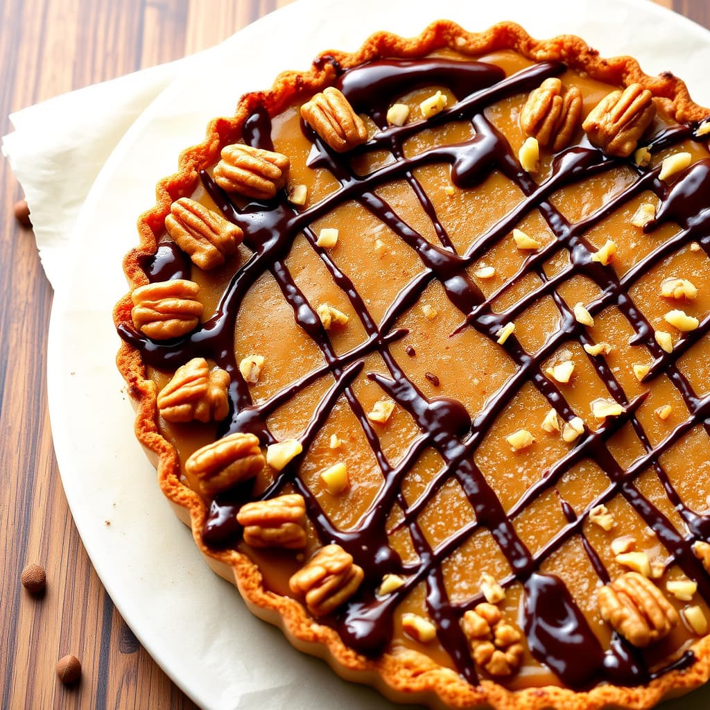 Karamell- og valnøttterte med sjokoladetrekk