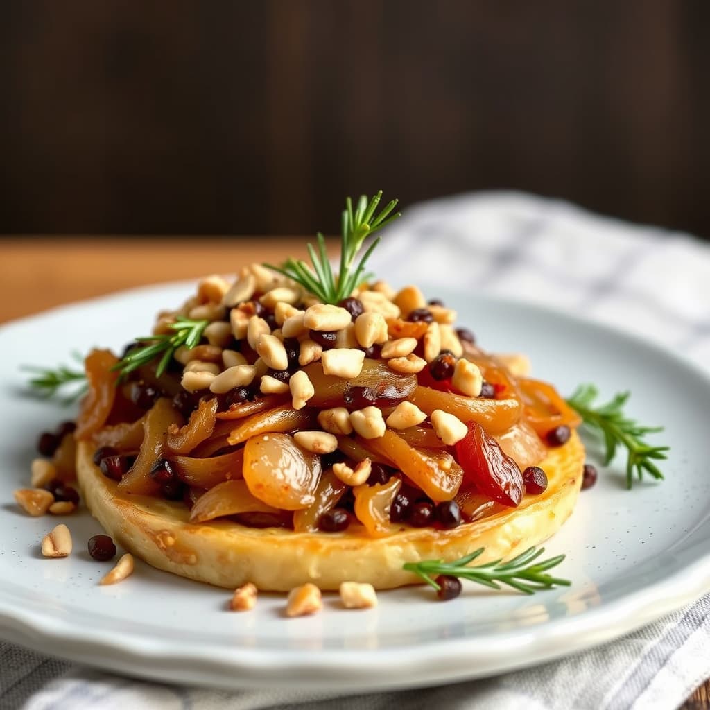 Karamellisert løk, rosmarin og pinjekjerner som topping