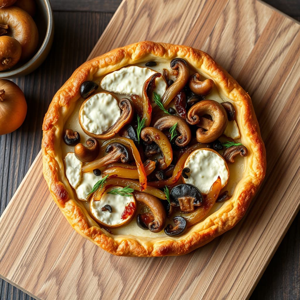 Karamellisert løk-, sopp- og geitosttart