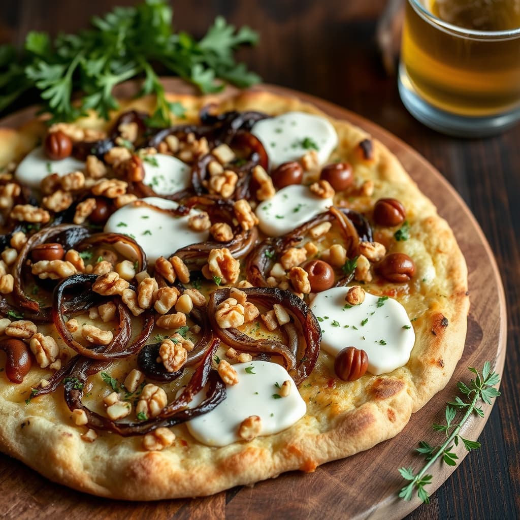 Karamellisert løk, valnøtter og geitostpizza med ølbunn
