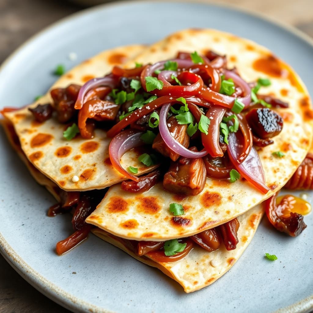 Karamellisert Maui-løk og barbeque-andaquesadillas