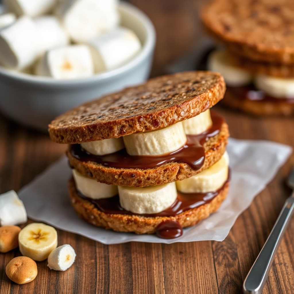 Karamelliserte sjokolade-, banan- og marshmallow-smørbrød