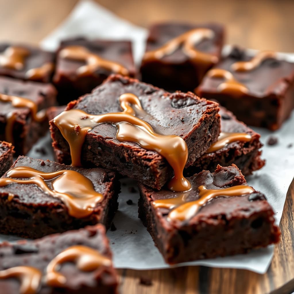 Karamelllagde mørke sjokoladebrownies