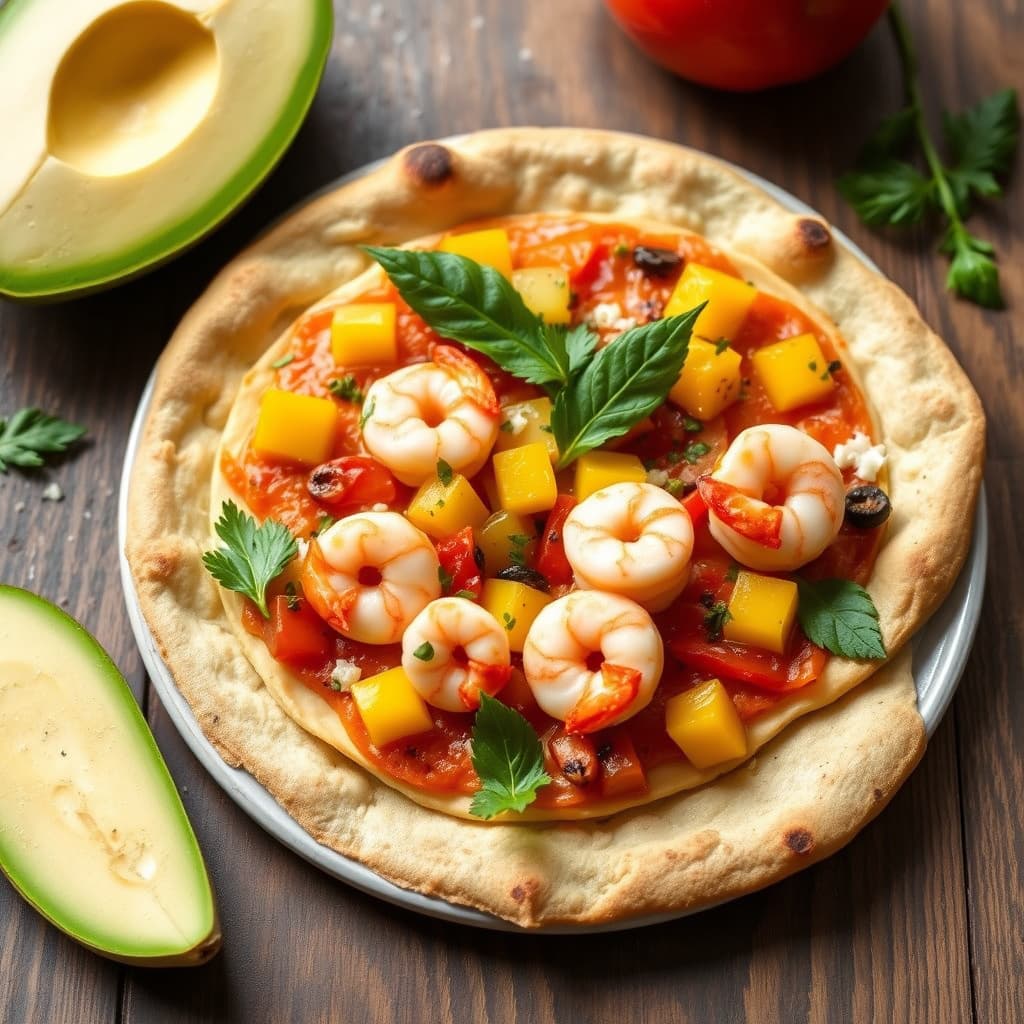 Karibisk reke- og mangopizza