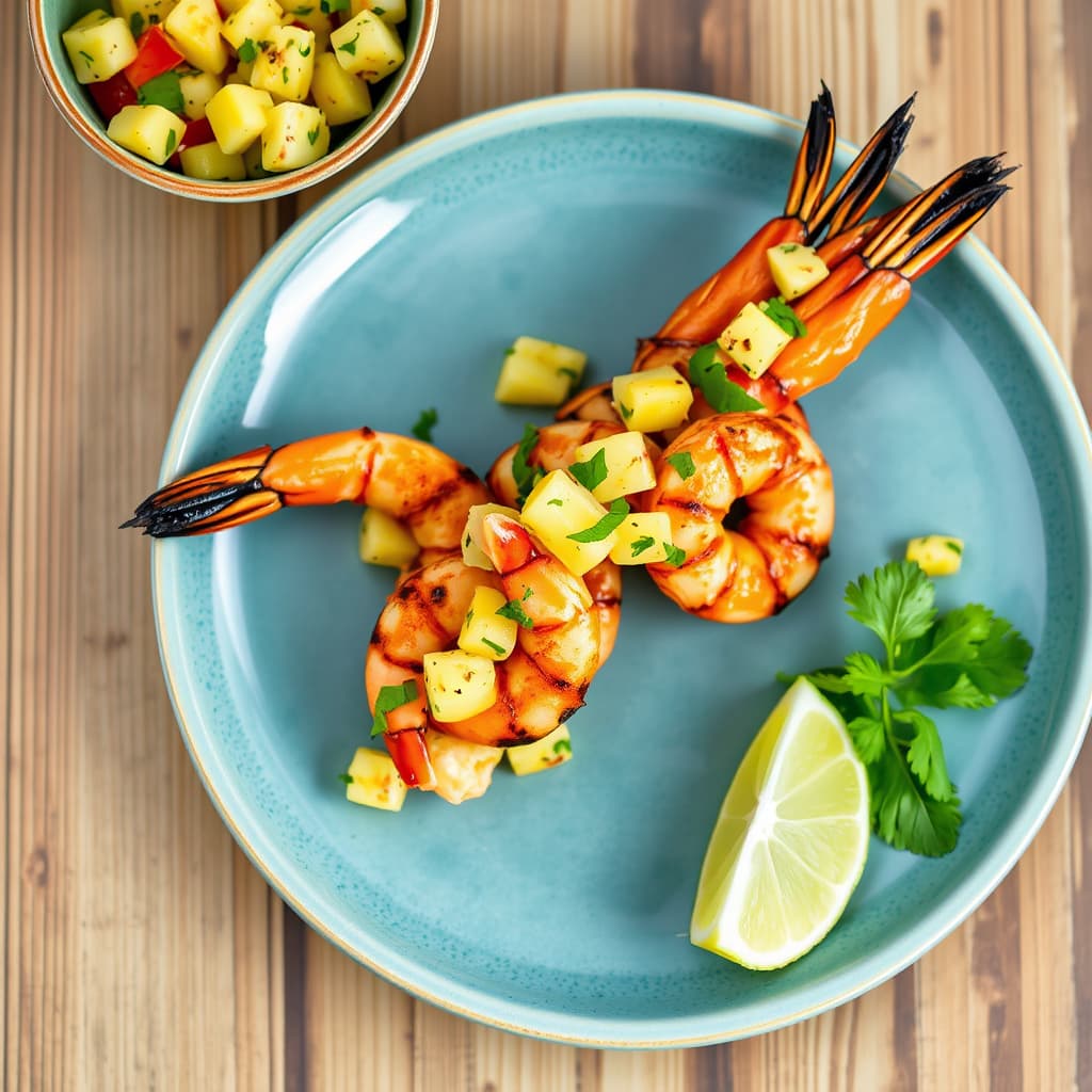 Karibiske tigerreker med grillet ananas-salsa
