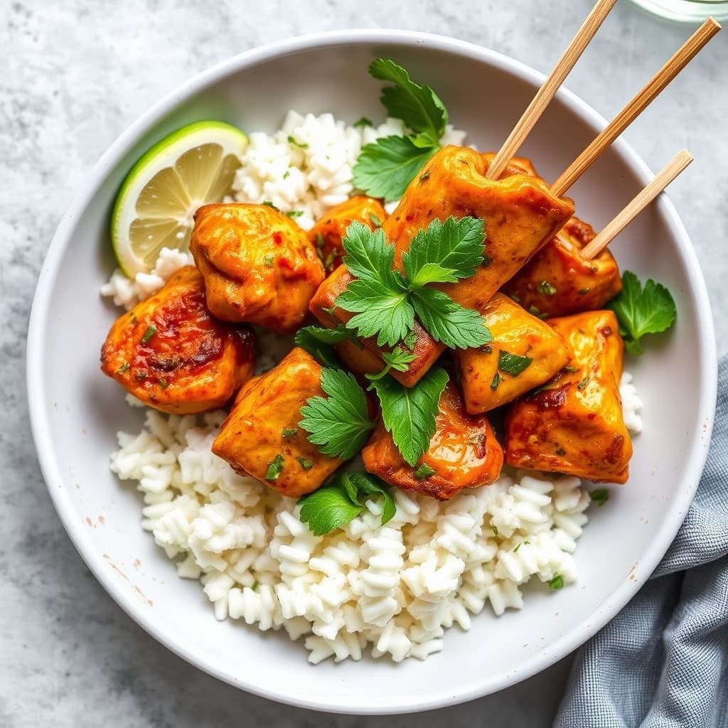 Karrert kyllingsatay med fersk mynte- og soyavinaigrette