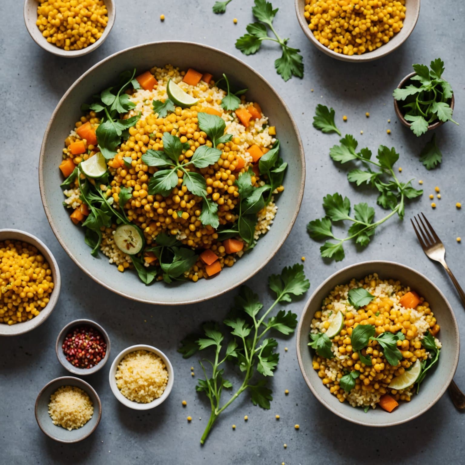 Karrifarget rød linse-, kohlrabi- og couscoussalat