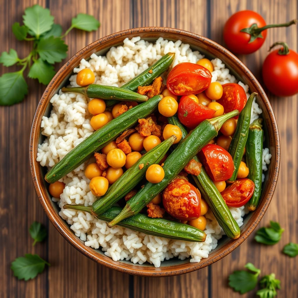 Karrilagede okra med kikerter og tomater
