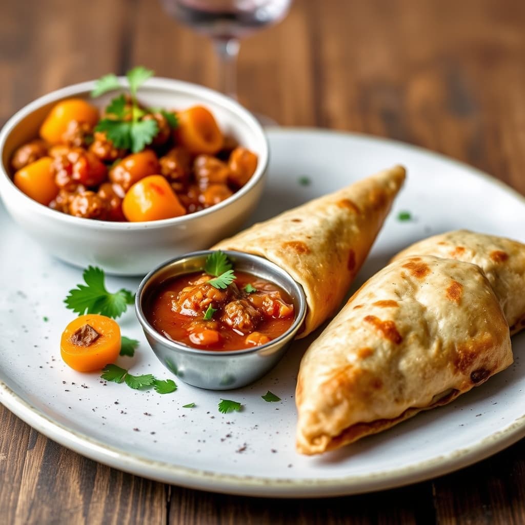 Karrilammasamosas med aprikoschutney