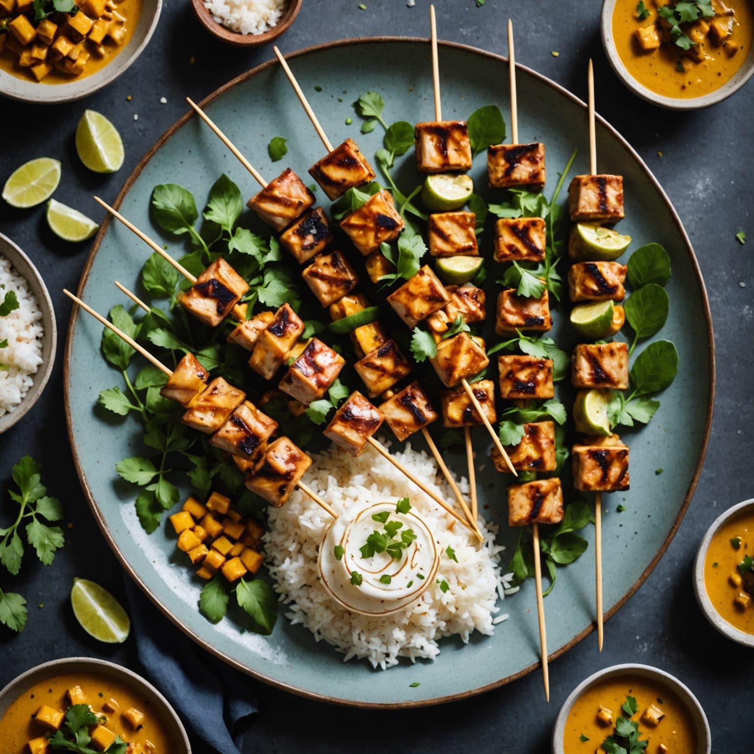 Karrimarinerte og kokosmelk-grillede svinekjøttspyd