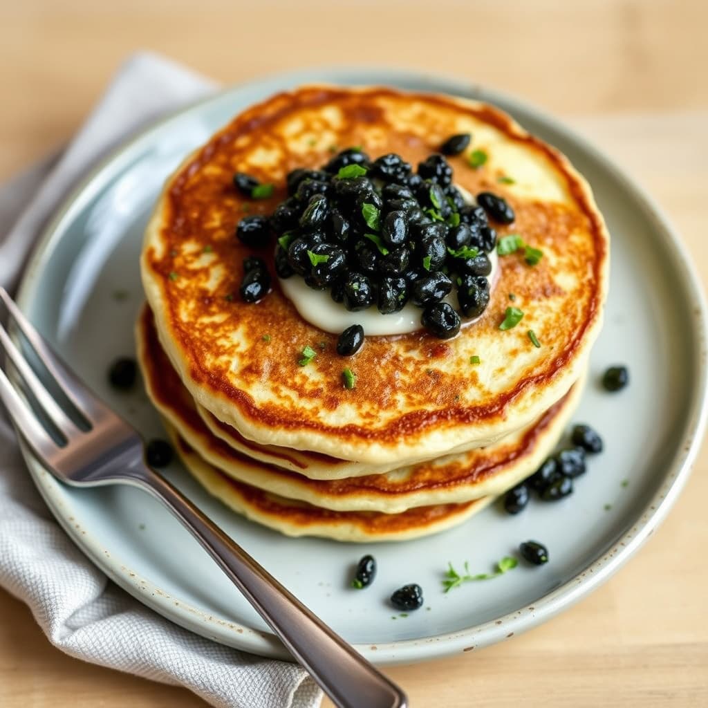 Kefirmøllepannekaker med urter, toppet med kaviar