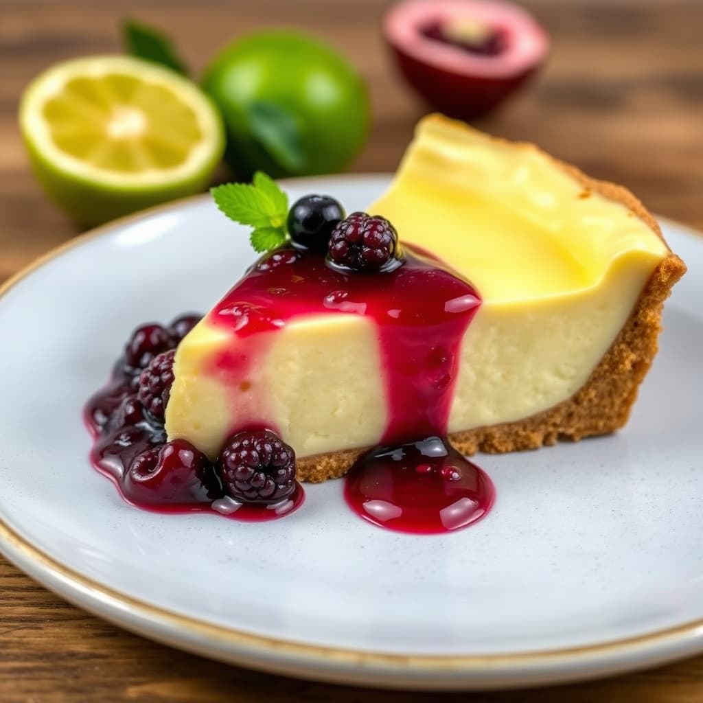 Key Lime Pie med pasjonsfrukt coulis og huckleberry-kompote