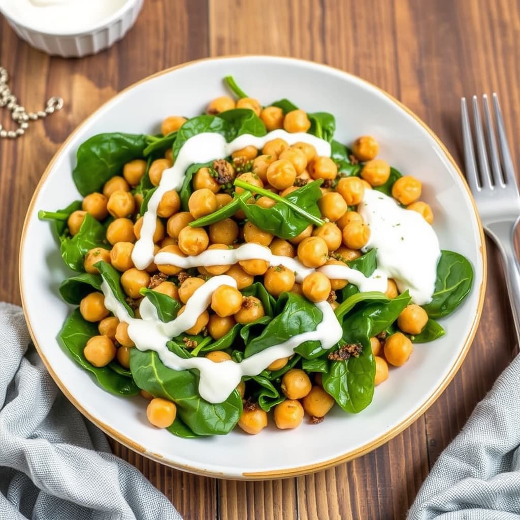 Kikert- og spinatsalat med spisskummen-dressing og yoghurtsaus