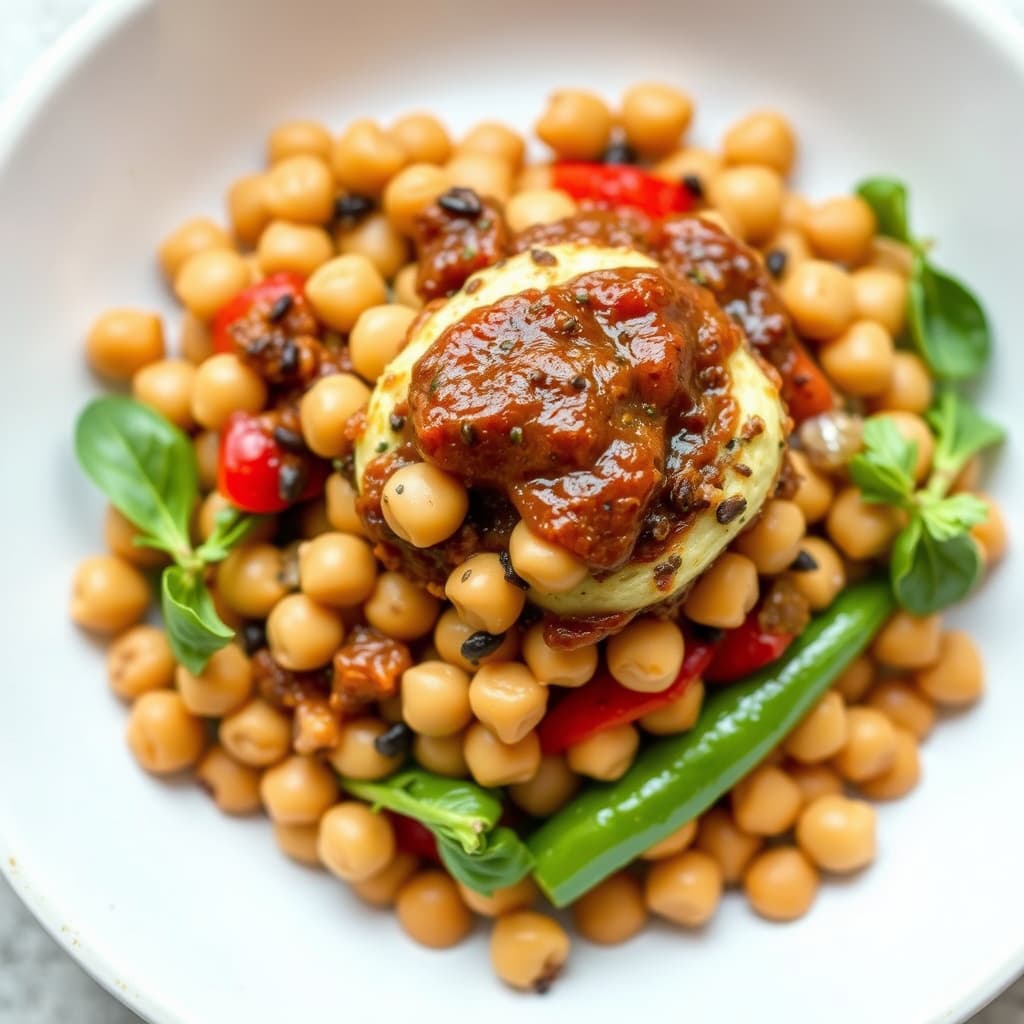 Kikert-, paprika- og olivenpaste topping