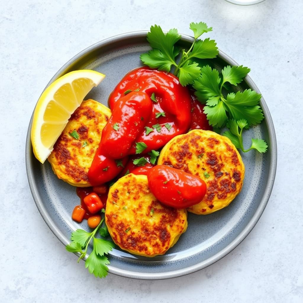 Kikerter- og potetfritters med rød paprika harissa