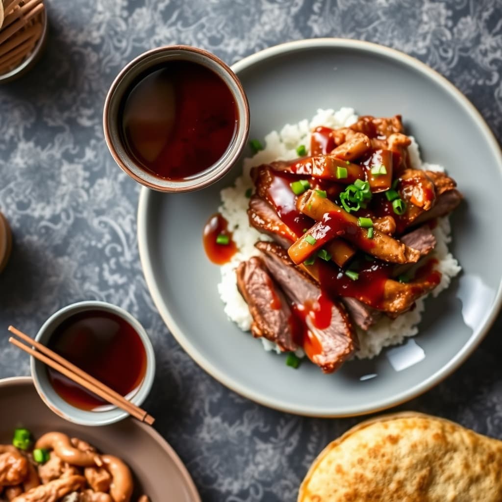 Kinesisk and med plommesaus og kinesiske pannekaker