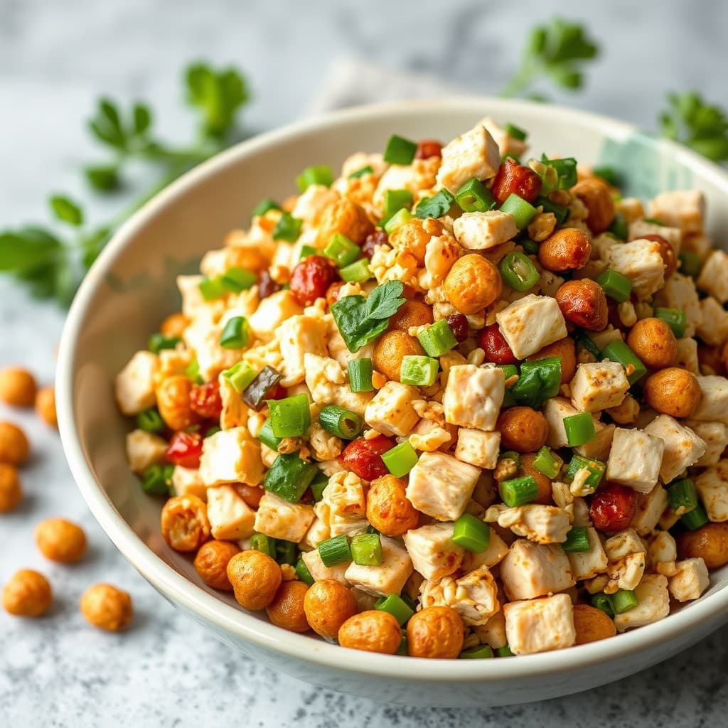 Kinesisk hakket kyllingsalat med "wok"-stekte krydrede peanøtter