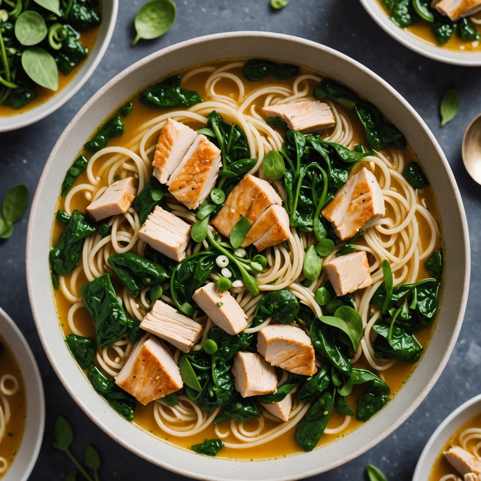 Kinesisk kyllingsuppe med nudler, spinat og hvitløksskjermløk