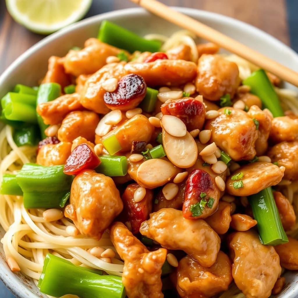 Kinesisk mandelkylling med wokstekte grønnsaker