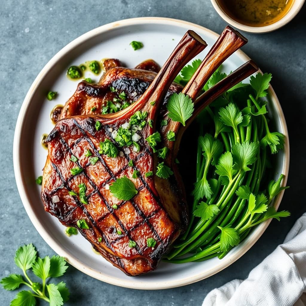 Kinesiske grillede lammekoteletter med koriander- og myntavinaigrette