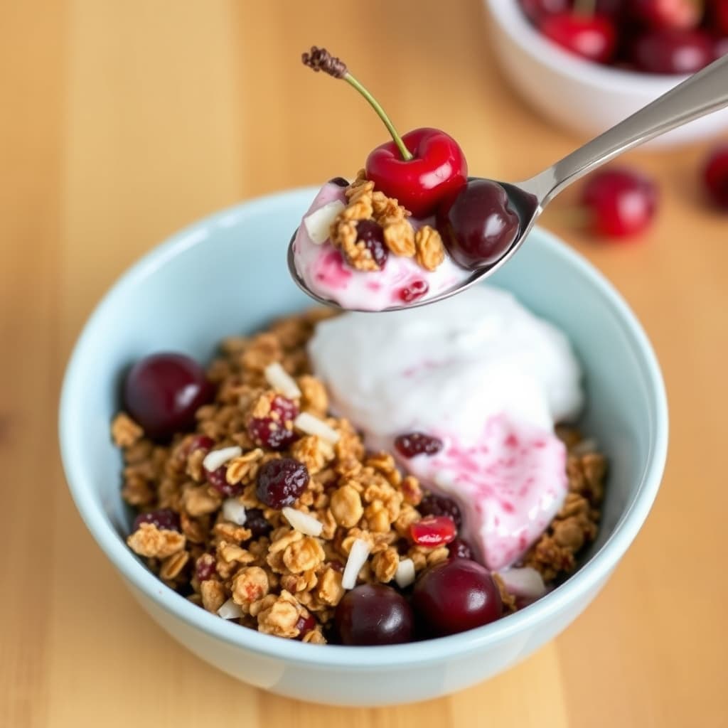 Kirsebær- og kokosgranola med yoghurt