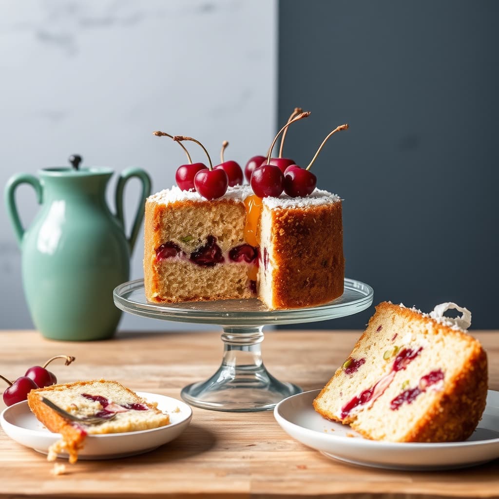 Kirsebær-, pistasj- og kokosnøttkake