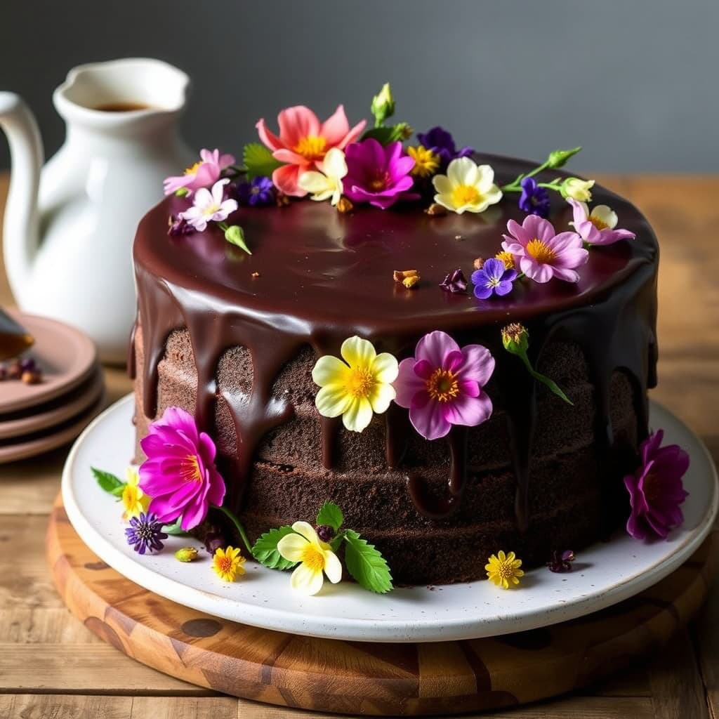 Kjempe stor sjokoladekake med bittersøt sjokoladeganache og spiselige blomster