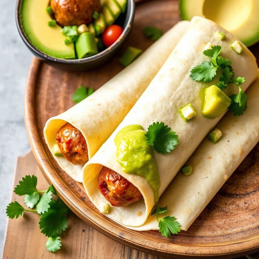 Kjøttboller av svinekjøtt i tortillalefser med avokadovinaigrette