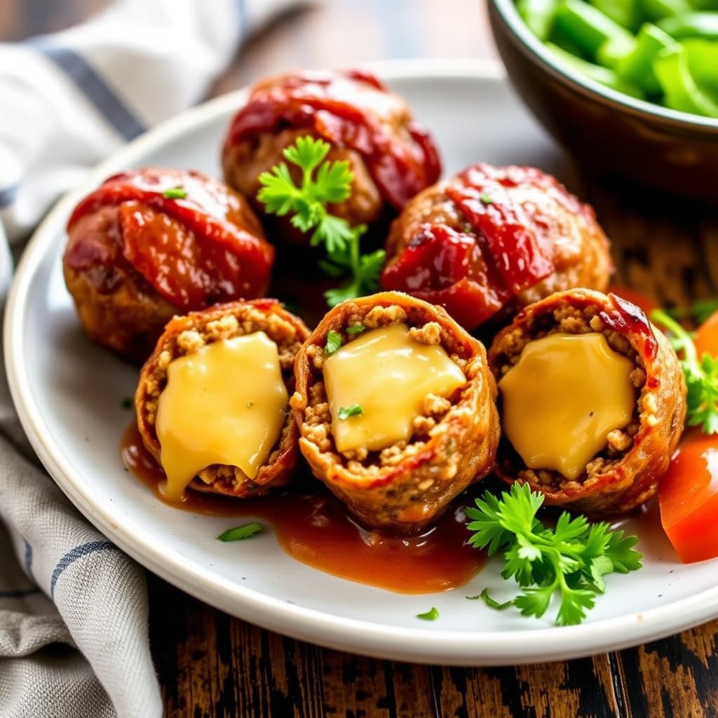 Kjøttboller fylt med ost og bacon