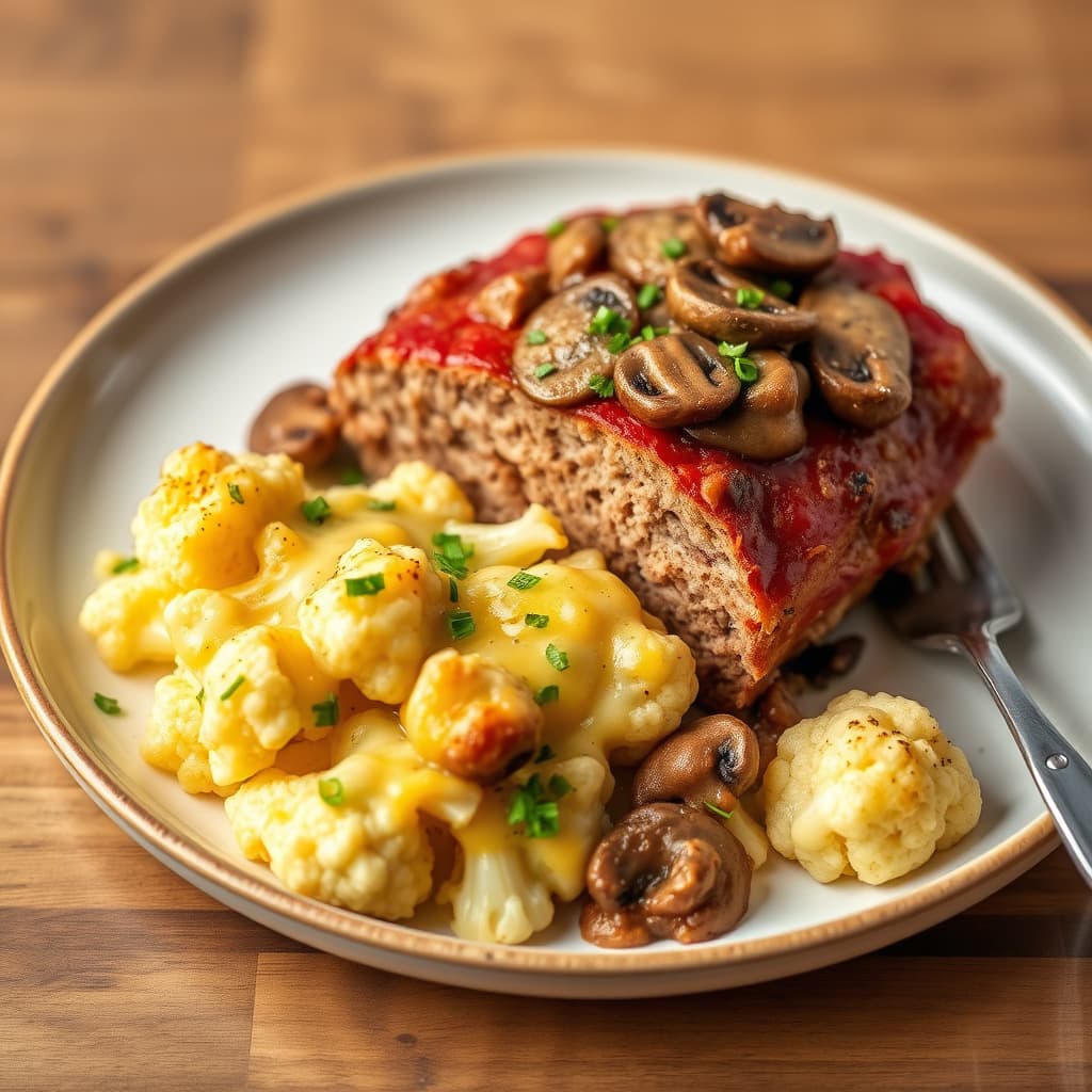 Kjøttkake med overfylte sopp og ostefylt blomkål