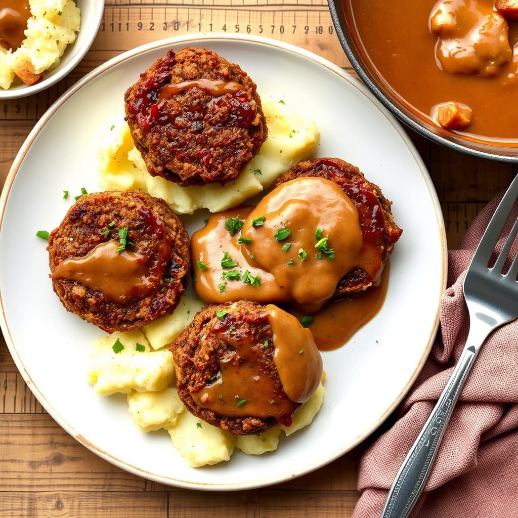 Kjøttkaker, knuste poteter og brun saus