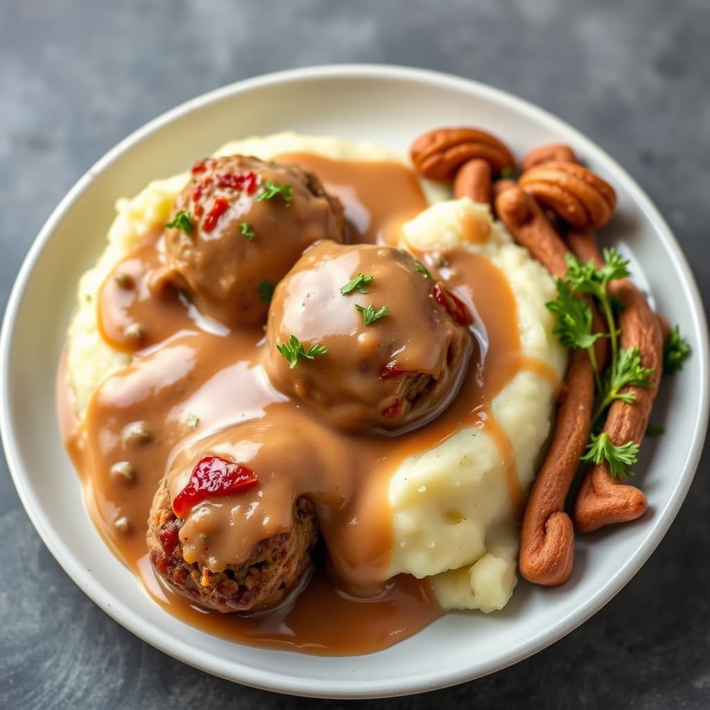 Kjøttkaker med horseradishmos og brun saus